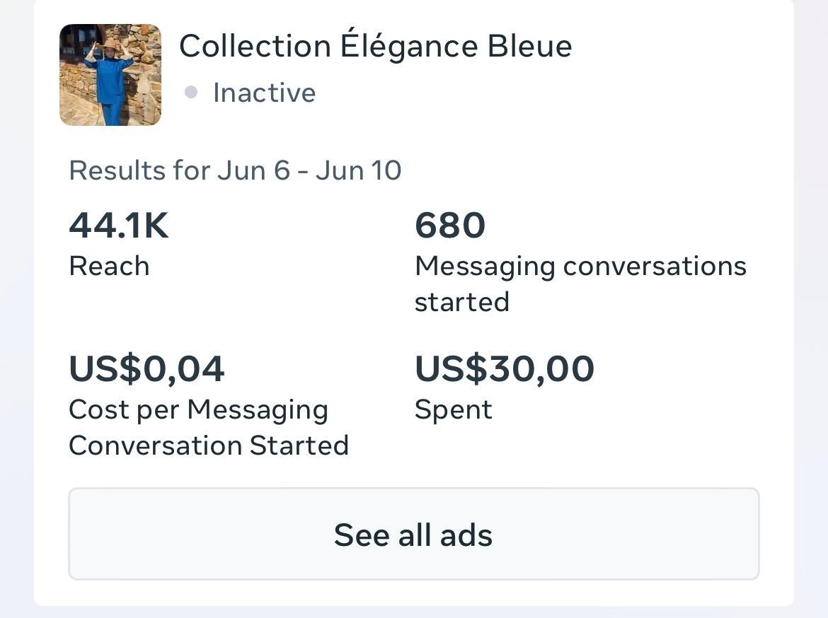 Résultats Meta de la campagne Collection Élégance Bleue