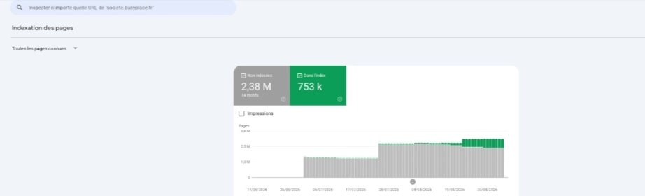 Google Search Console de societe.busyplace.fr : 753 k pages indexées